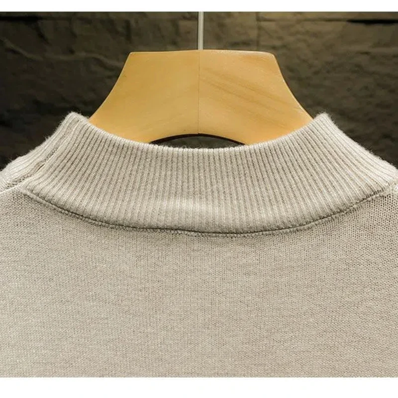 Autumn Winter Men's Clothing Solid Color Pullover Sweater Knitted Half High Collar Screw Thread Flocking Boyfriend Retro Tops 6