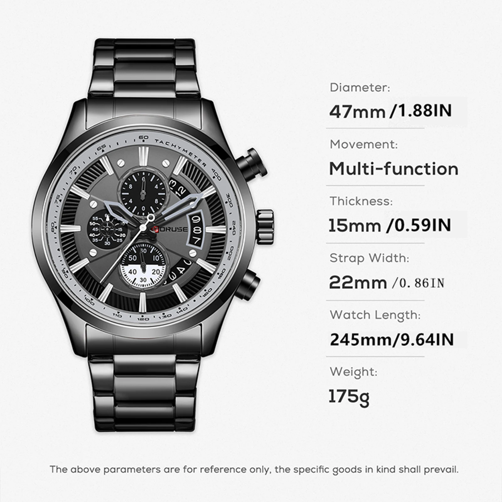 BORUSE Men Watches Waterproof Chronos Black Stainless Steel Band Luxury High Quality Fashion Brand Wristwatches Business Sport