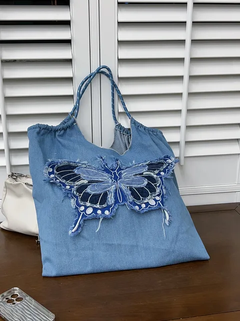 New Nylon Bag Embroidered Shopping Bag Blue Butterfly Tote Bag Eco Friendly Shoulder Casual Large Capacity Handbag Girls Gift
