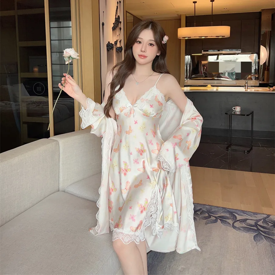 

2 Piece Lace Bathrobe Gown Suit Women Silky Satin Sleepwear Nightgown Lady Robe Set Spring Summer Kimono Nightdress Loungewear