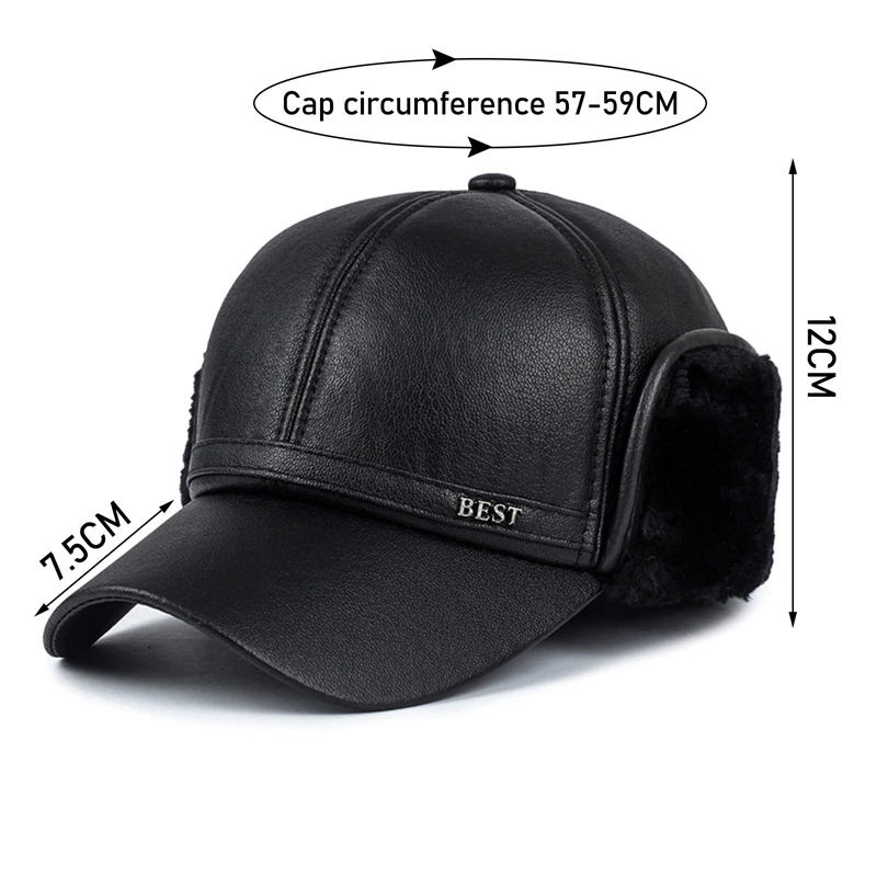 Winter Leather Bomber Hats Men Plush Snapback Hat Father Fishing Casquette with Earflaps Thicken Fur Warm Visors Caps Black images - 6