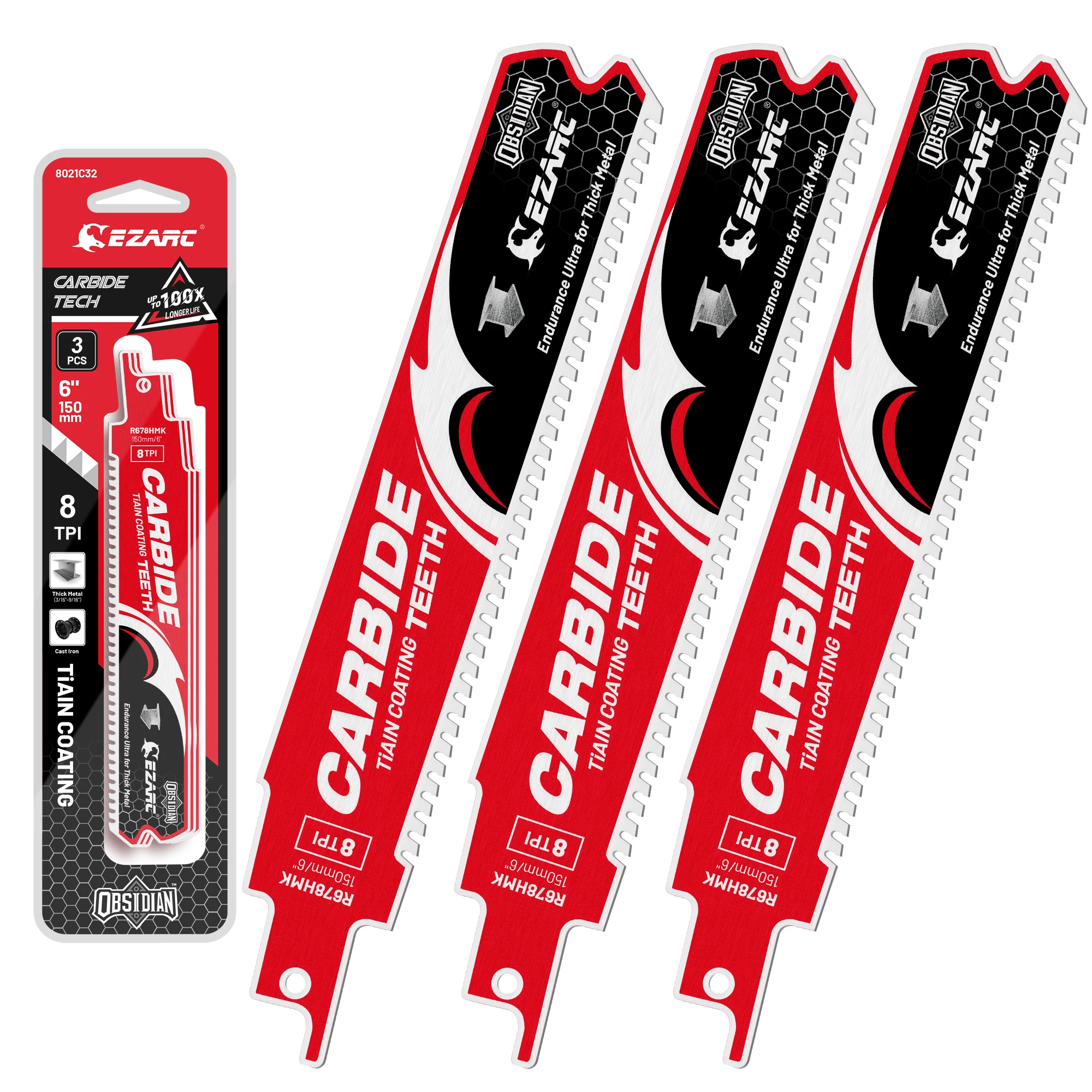 EZARC 3-teiliges Obsidian-Karbid-Säbelsägeblatt-Set (Pro) 6''/9'' 8TPI Endurance Ultra für dickes Metall, Gusseisen, legierten Stahl
