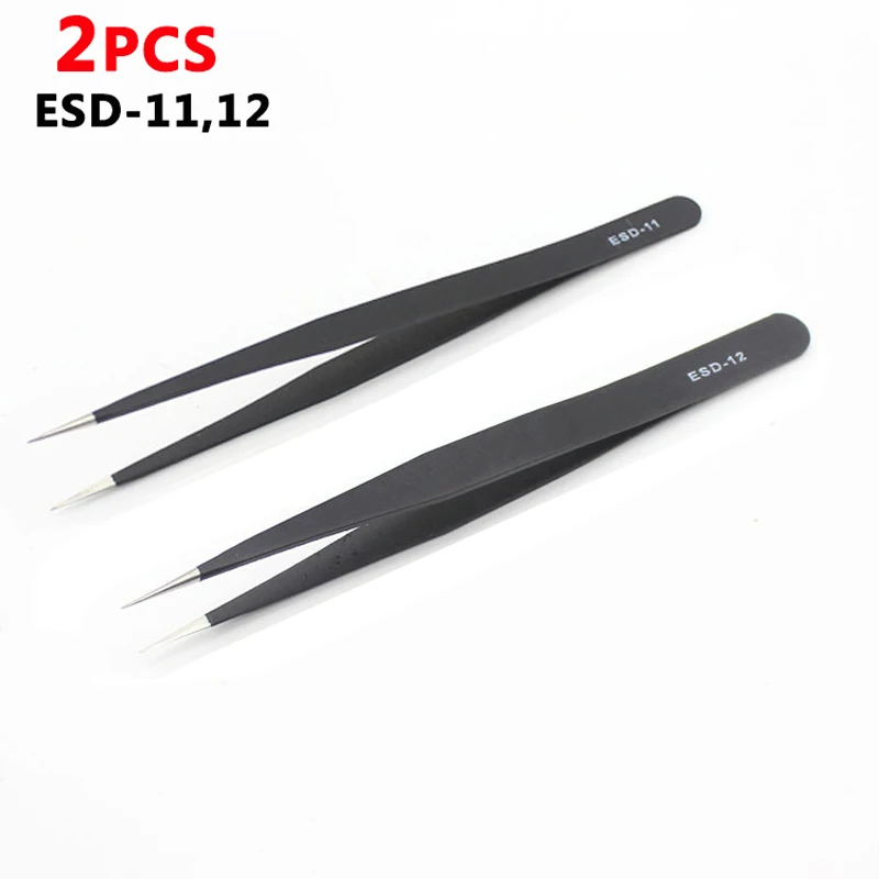 Lot de 2 pinces à épiler ESD antistatiques pointes acérées triangulaires