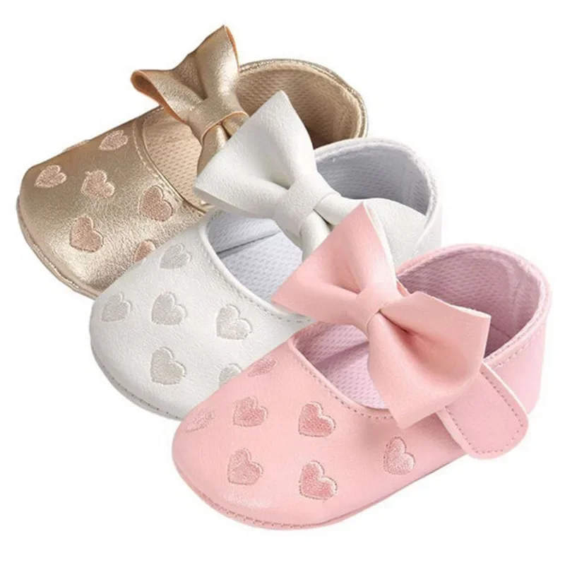 0-18months Infant Girls Shoes Love Heart Printed  Bowknot Shoes Soft Sole Crib Shoes For Baby Girls 4