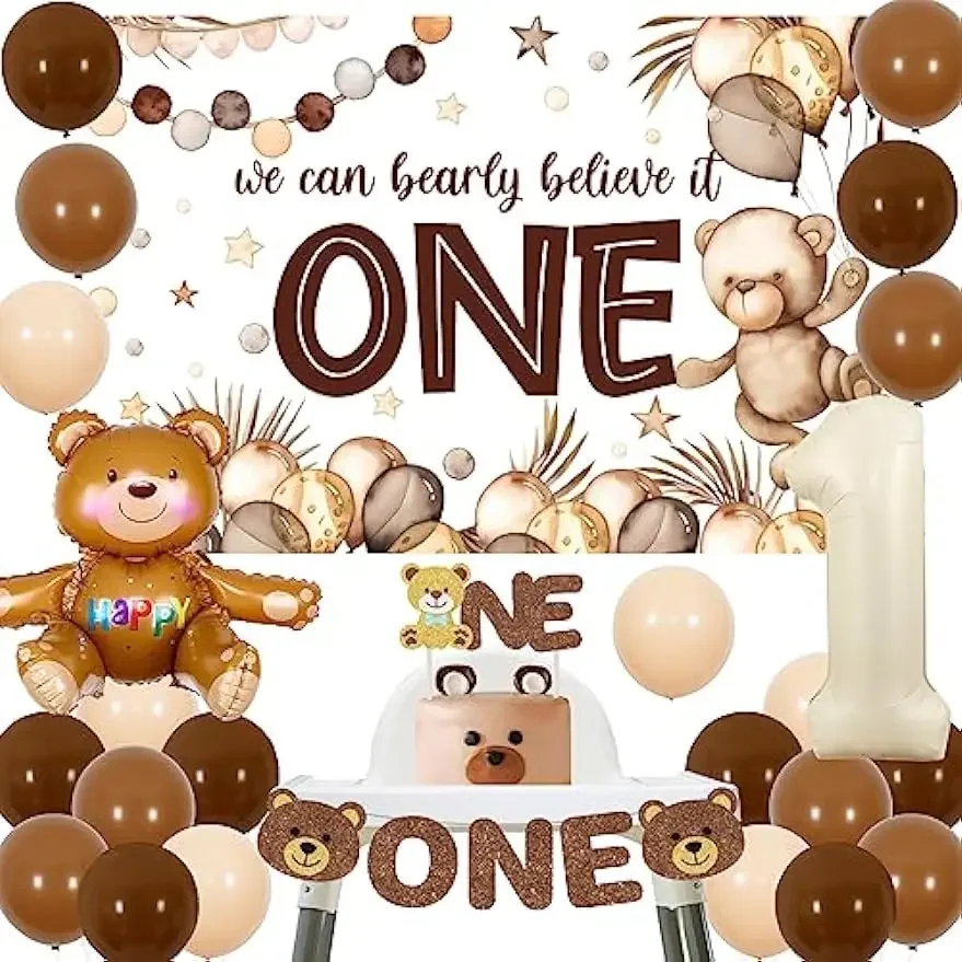 

Brown Bear 1st Birthday Decorations Backdrop Balloons High Chair Banner Cake Topper for Boys Beary First Birthday Party Supplies