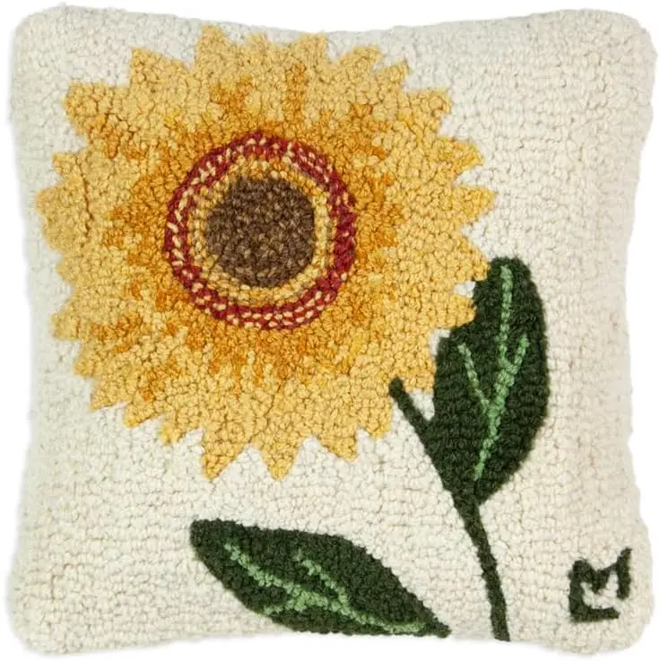 

Sunflower Bloom Hand-Hooked Wool Decorative Throw Pillow (14\u201D x 14\u201D) Garden Pillow for Couches & Beds - Easy Care