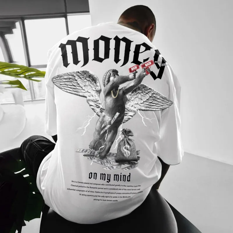 

European American Men Printed T-shirts Fashion Angel Letters Printed Short Sleeved Summer Casual Street Clothing Men's Clothing