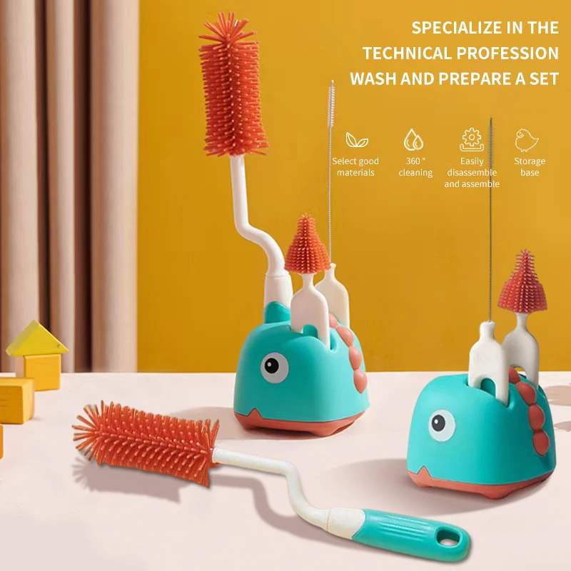 Bottle Cleaning Brush Set 3 PCS Silicone Baby Bottle Brush Cleaner With Storage Base 360 Degree Clean Pacifier Brush