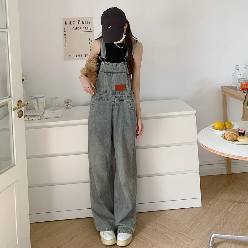 

Spring Retro Distressed Loose Denim Suspender Pants Women's Wide-Leg Pants Daddy Trousers Casual Jeans Overalls Vintage