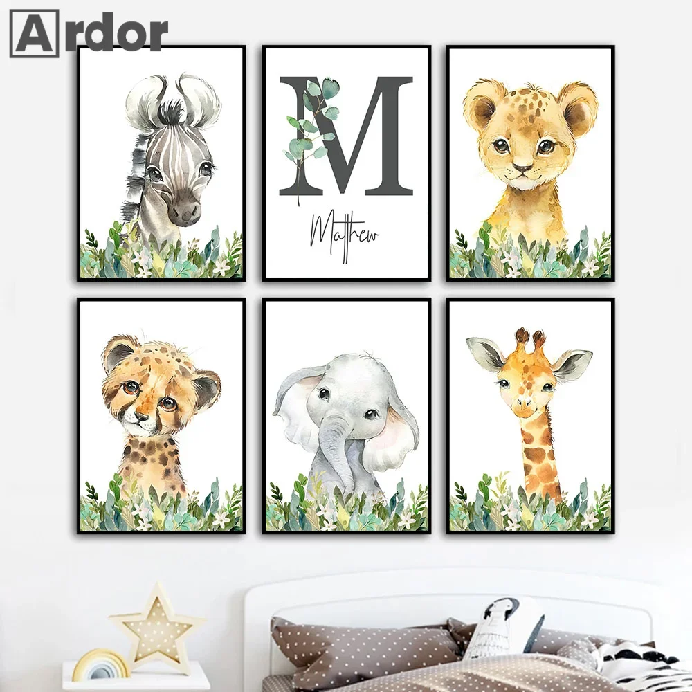 

Jungle Animals Print Painting Custom Name Canvas Pictures Lion Elephant Poster Plant Wall Art Nursery Posters Kids Room Decor