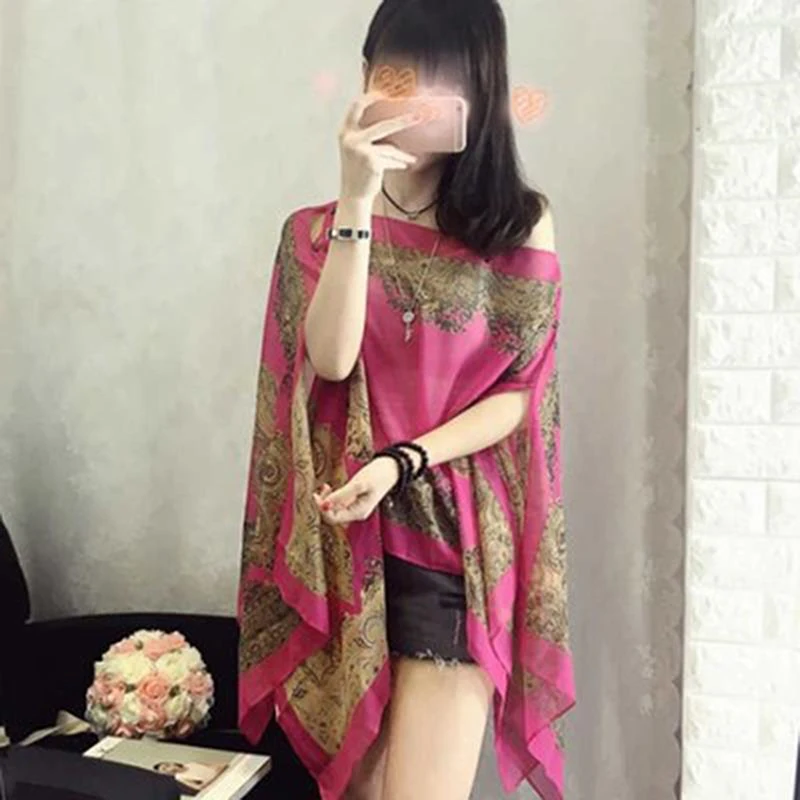 Women Summer Sunscreen Chiffon Shawl Scarf Fashion Luxury Floral Printed Bikini Cover Up Outdoor Beach UV Protection Tops