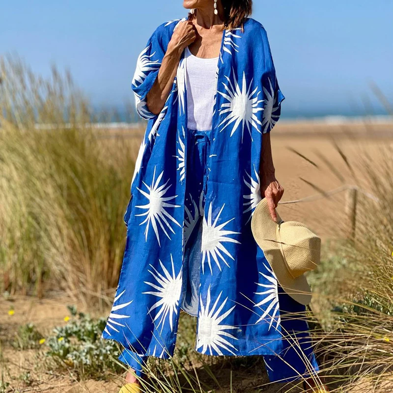 

Fashion Print Women Short Sleeve Slit Tops Two Piece Set Ladies Outfits 2023 Autumn Vintage Beach Long Cardigan + Trousers Suits