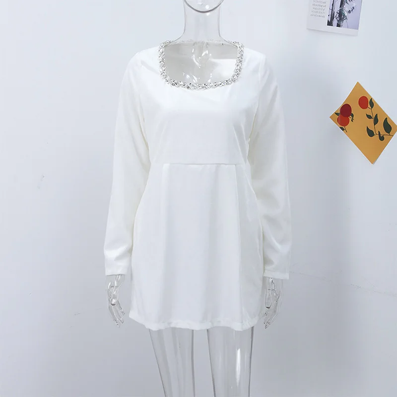 Vestido de terciopelo con cuello cuadrado y cuentas de manga larga para mujer, cintura alta, corte en A, para fiesta, Navidad y noche, nuevo