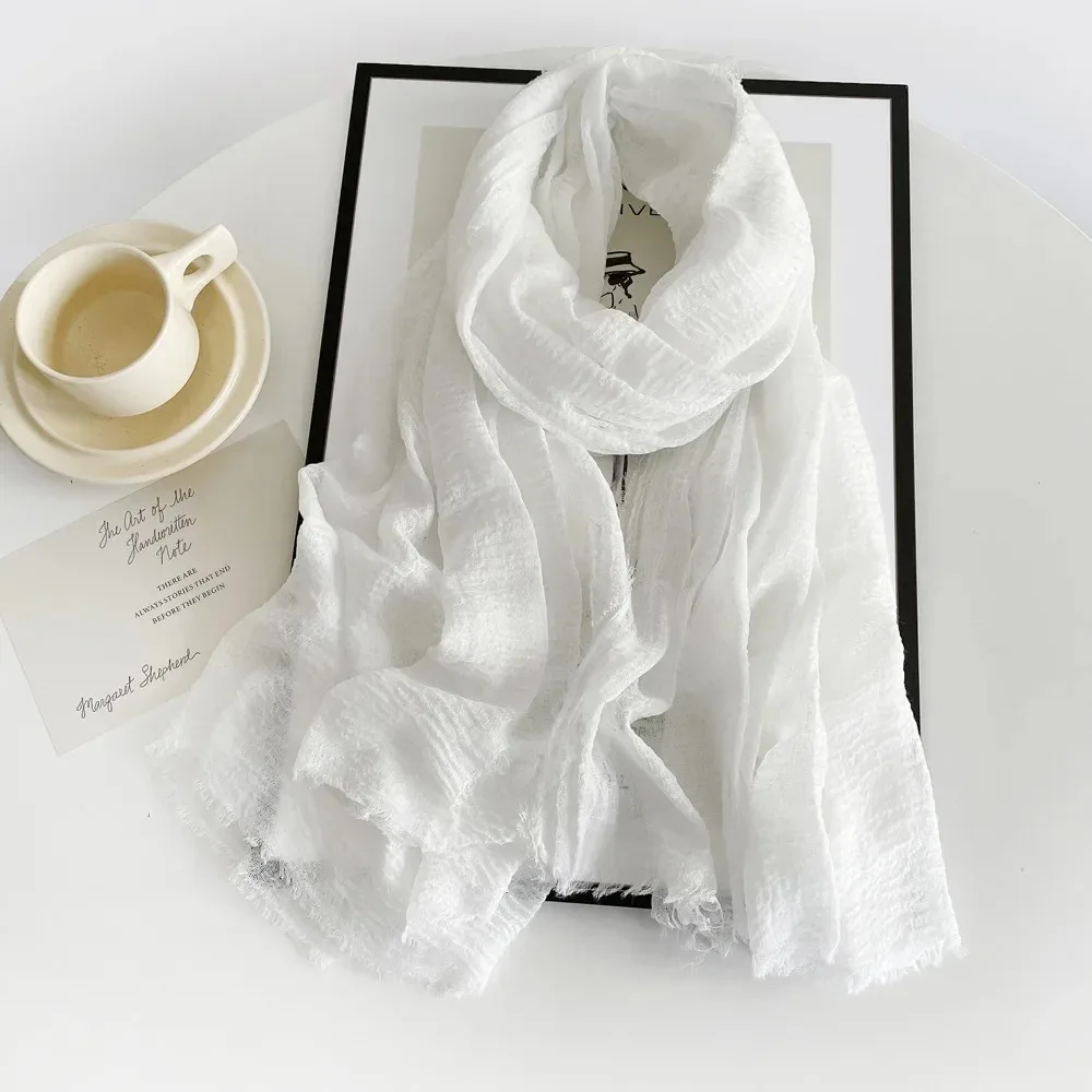 Black White Crinkle Cotton Hijab Light Soft Solid Scarf Wrap Shawl Women Musulman Headband Islamic Turban Tassels Scarves 5
