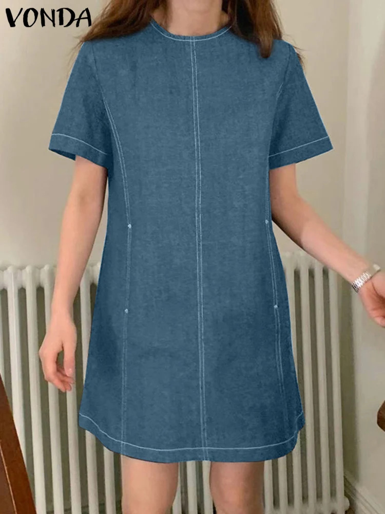 

Elegant Women Sundress Summer Party Mini Dress 2023 VONDA Casual Loose Short Sleeve Buttons Pockets Solid Color Vintage Vestidos