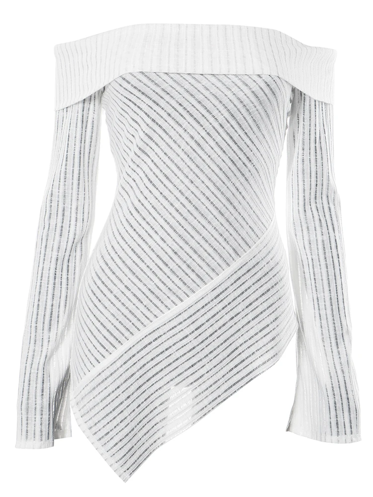 Camisetas clásicas fruncidas con tiras para mujer, top asimétrico único de manga larga acampanada con hombros descubiertos, corte entallado, ropa de calle salvaje para chicas