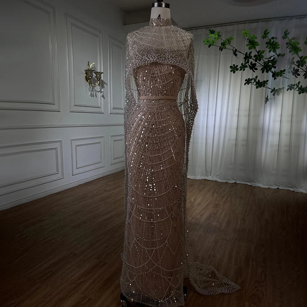 S46366e71cc3a432590b14dd73e22b8f2W Arabic Nude Mermaid Long Cape Sleeves Luxury Evening Dresses Gowns For Women Wedding Party Mallzona