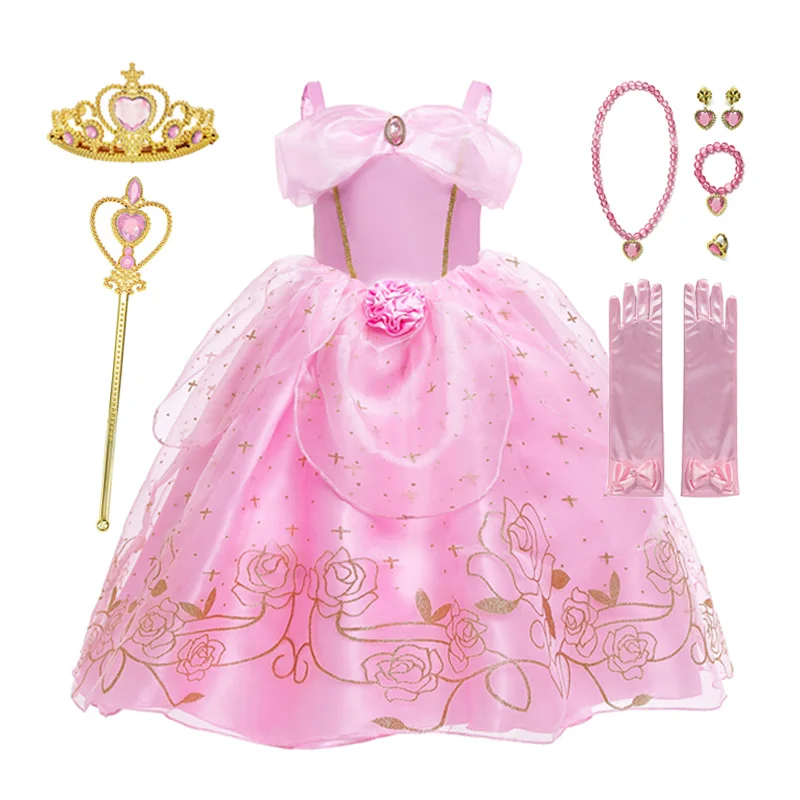 thumbnail image 1 of Vestido de princesa Aurora de Disney para niñas, traje de Cosplay de Bella Durmiente, vestido de tirantes con estampado Floral de rosa, vestido elegante para niños, Verano, 1 of 5