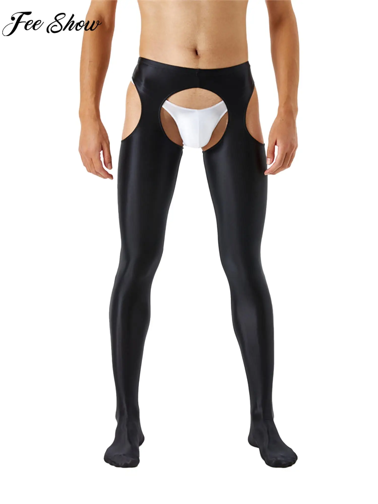 

Men Sexy Open Butt Crotchless Pantyhose Glossy Mid Waist Hollow Out Tights Exotic Skinny Pants Leggings Nightwear Clubwear