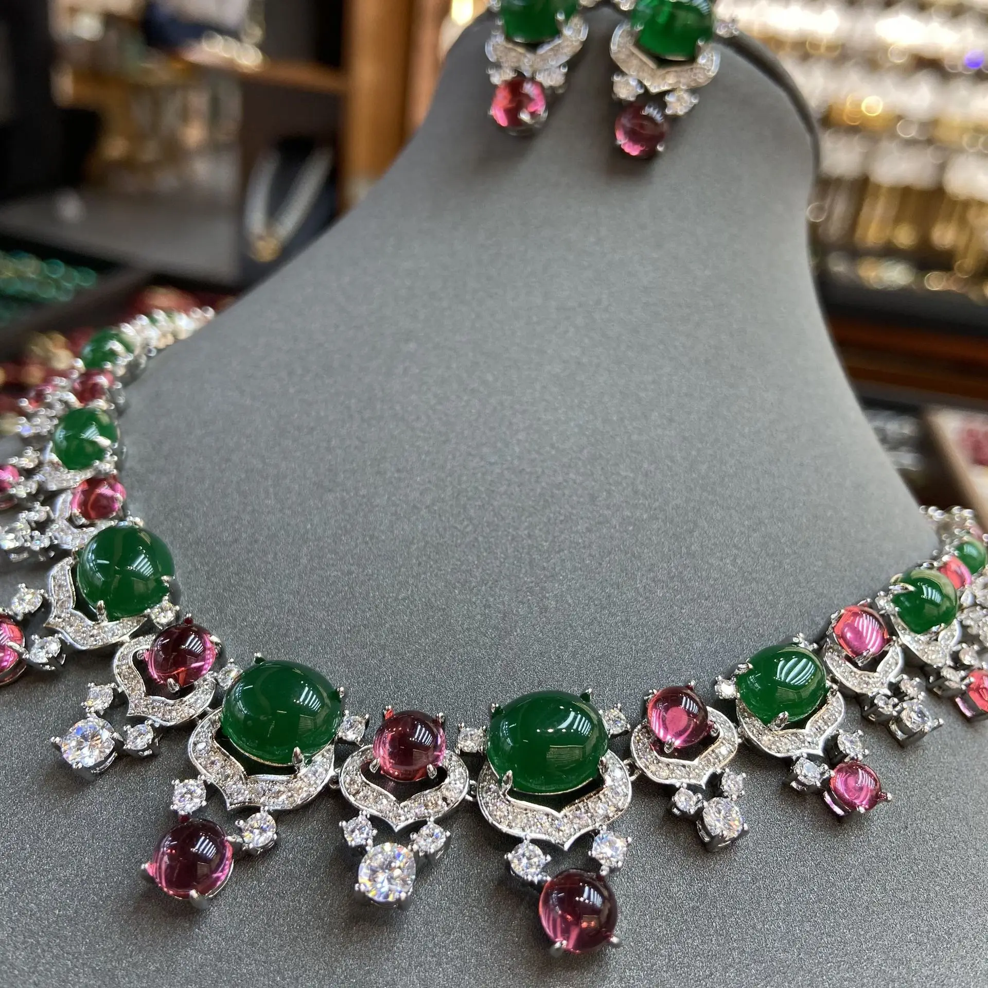 Women Bridal Studded Diamond Zircon Necklace Earrings Set 2024 5