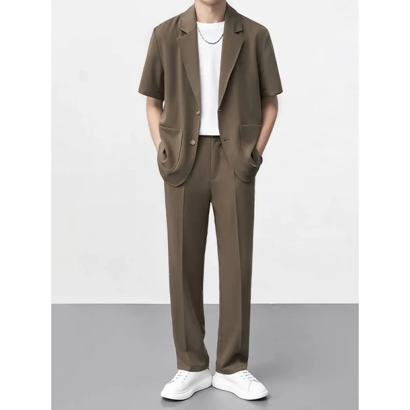 Business Casual Summer New Men's Solid Color Short Sleeve Notched Button Patchwork Pockets Classic Loose Blazer Pants Sets