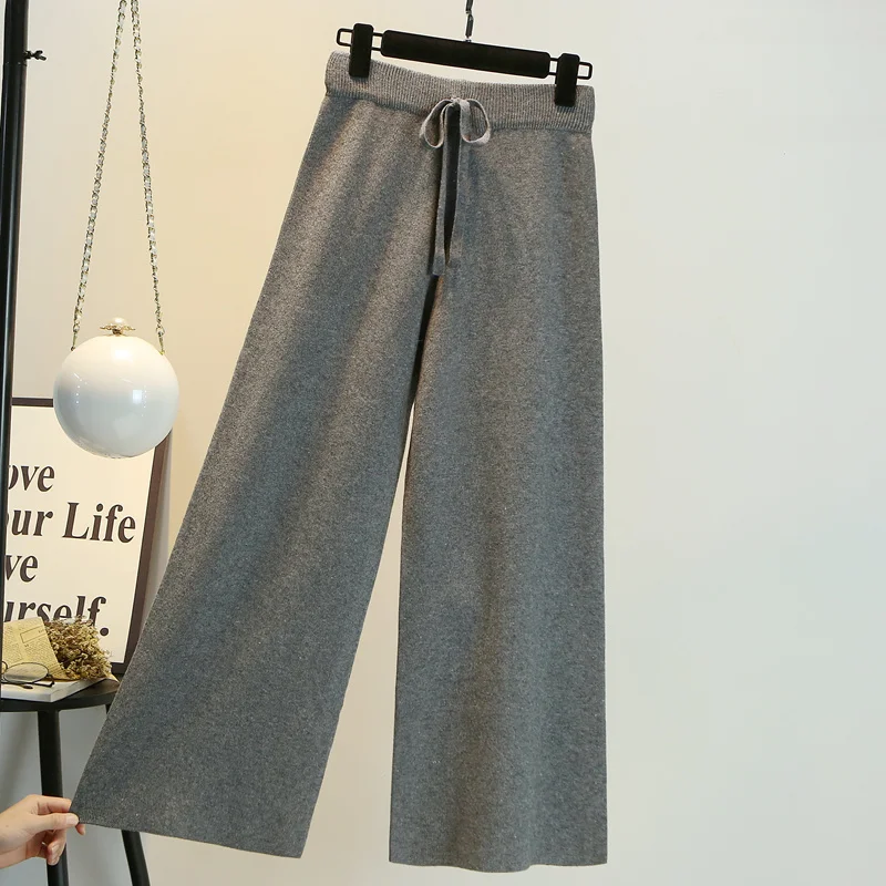Knitted Wide Leg Pant Women Solid Colors Lace Up Autumn Winter Baggy Trousers All-Match Casual Ankle-Length Pants Korean Fashion