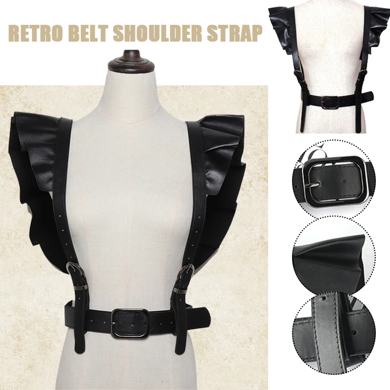 Retro Women PU Leather Body Bondage Sexy Harness Punk Black Buckle Ruffles Split Joint Wide Belt Waistband Garter Belt Straps