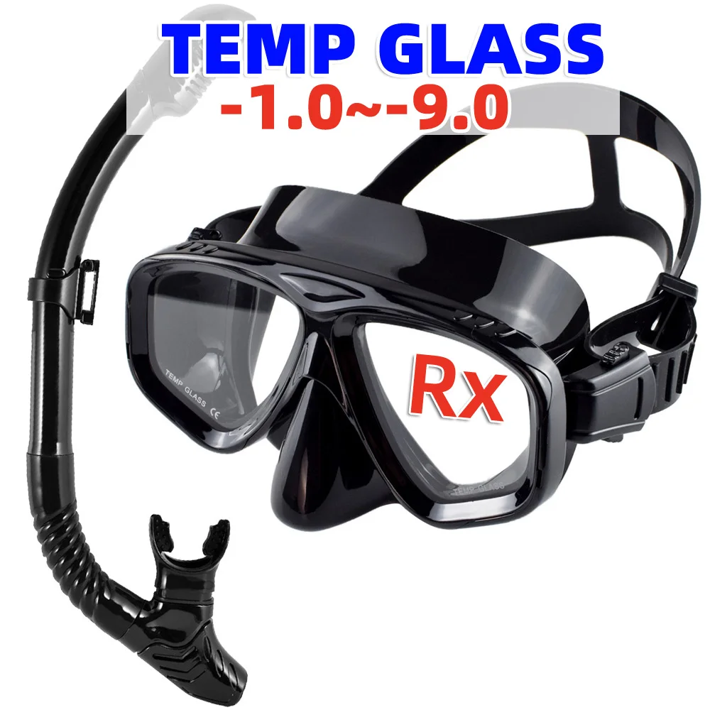 Optical Myopia Scuba Diving Mask Snorkel Set Tempered Glass,Dry Top Swimming Googles Nearsighted Lenses Short-Sighted