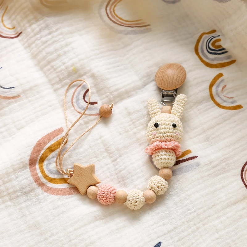 1Pc Bunny Ciuccio Catena Baby Teeting Catene Crochet Rabbit Beads Clip In Legno Massaggiagengive In Legno Tiny Rod Kids Dummy Clips