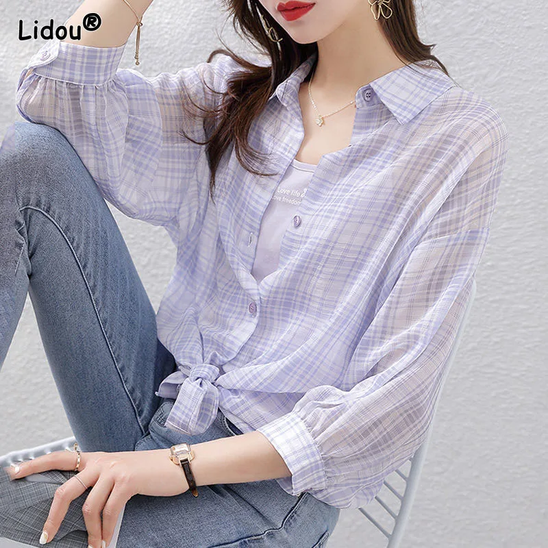 Fashion Woman Blouses 2022 Thin Chiffon Women's Clothing Polo-Neck Plaid Single Breasted Sexy Women Shirt Spring Autumn Trend