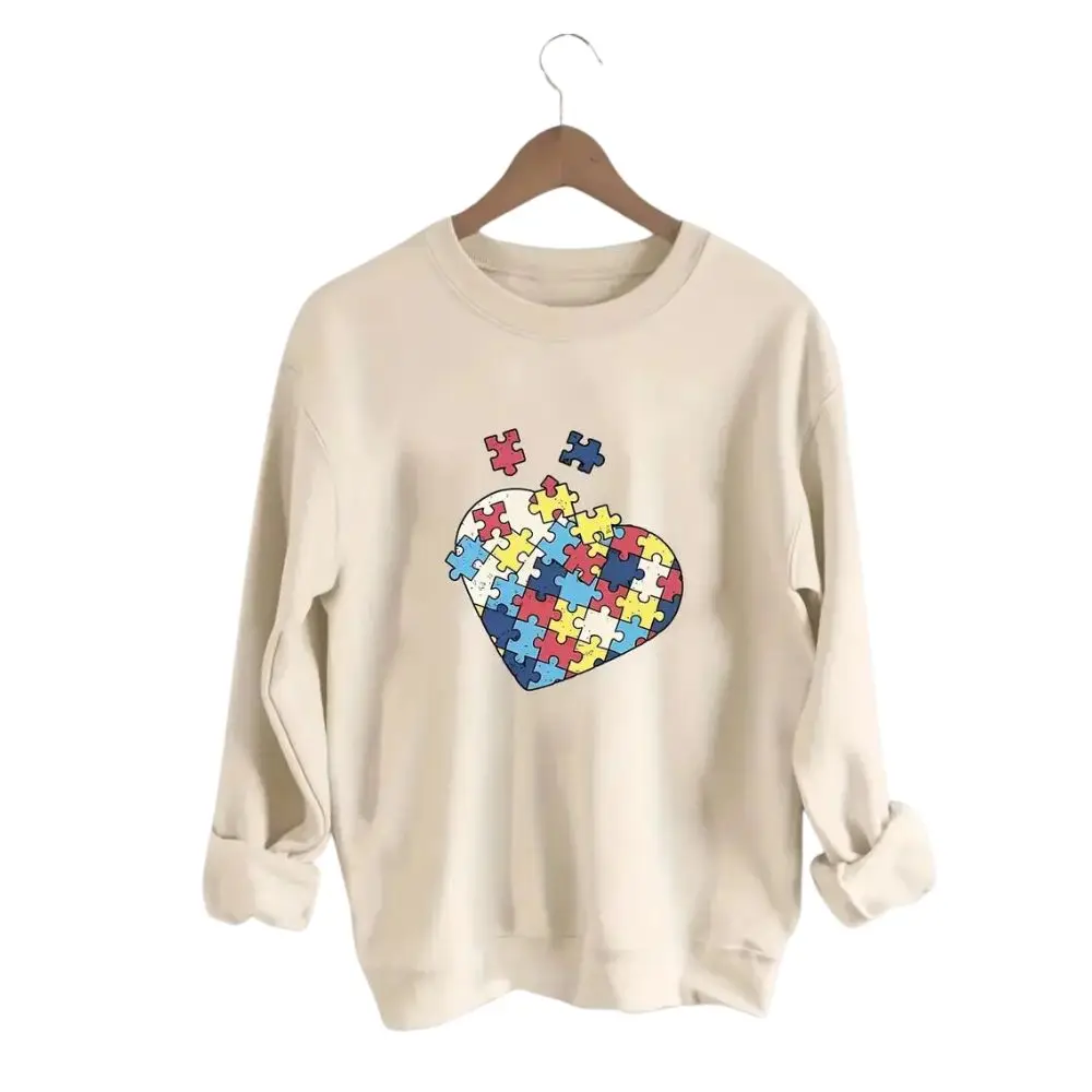 Puzzle Heart Print Pullover Sweatshirt Casual Long Sleeve Crew Neck Sweatshirt for Fall & Winter Creativity Long-Sleeved Tops