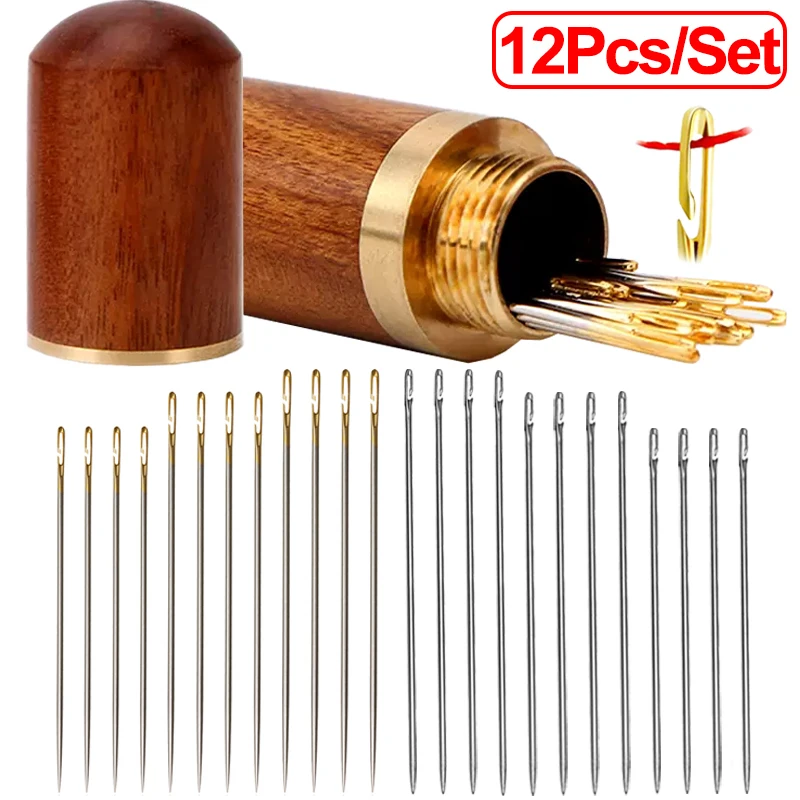 12Pcs Blind Sewing Needles Elderly Big Hole Stainless Steel Self Threading  Needles for Hand Sewing Home DIY Threading Needle