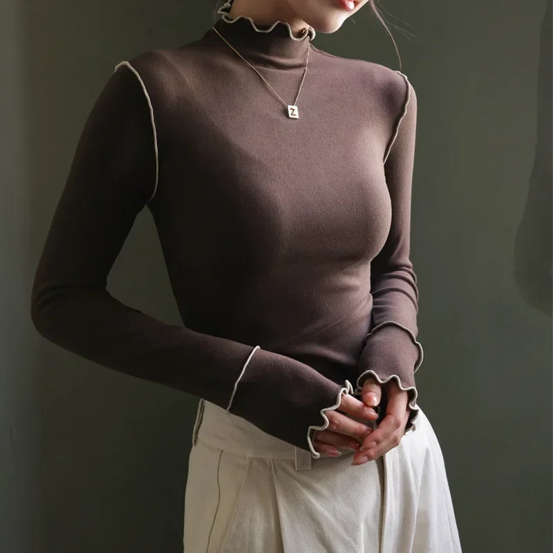 

Korea Stylish Autumn Women's T-Shirts Basic Bottoms Layering Ruffles Sleeve Elegant Slim Korea Stylish Female Tops Blouse