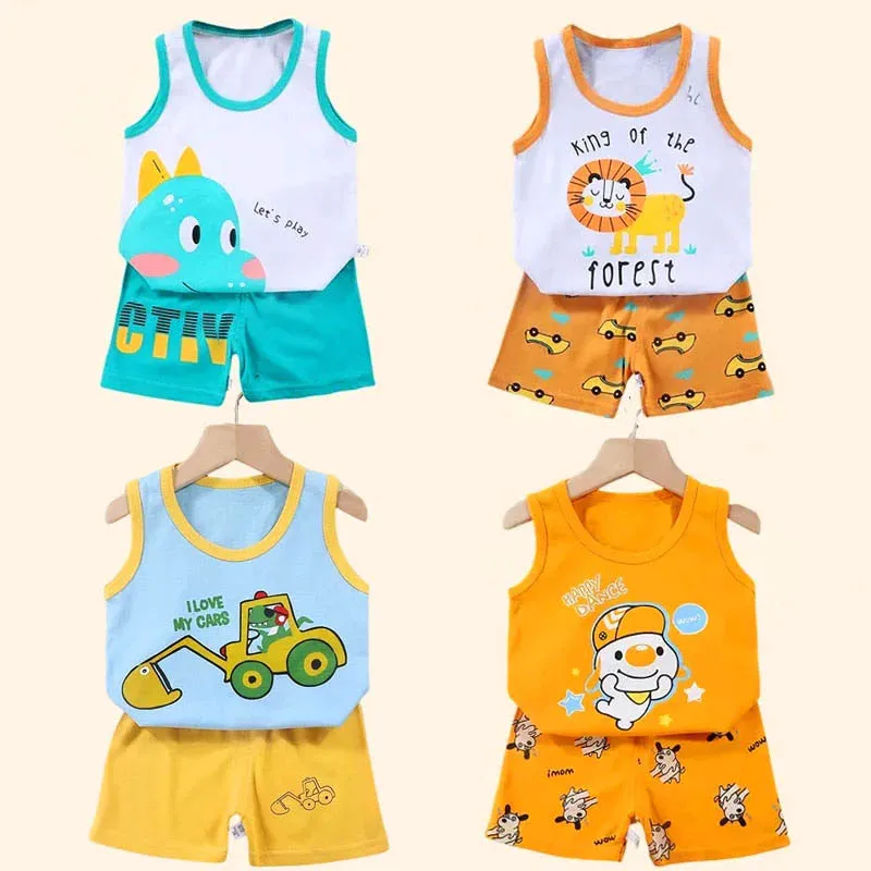 Boys Vest Set Summer Cotton Children's Sleeveless Cartoon Wool Comfort Class A Thin Two-piece for 6-9months