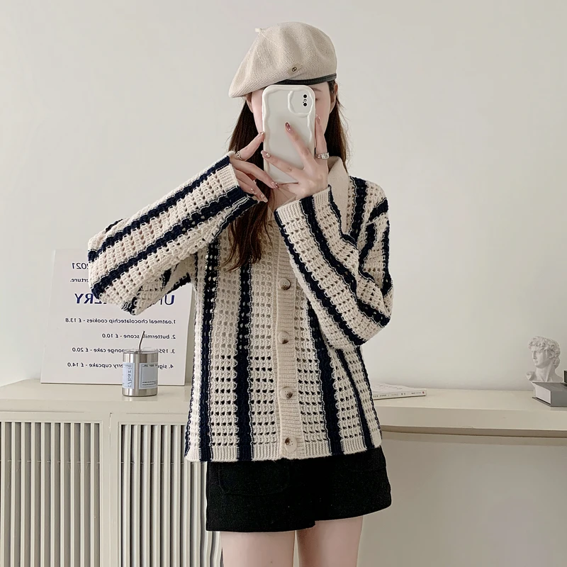 Autumn New Women's Striped Hollow Lapel Knitted Cardigan Sweater Elegant Casual Single-breasted Long-sleeved Top