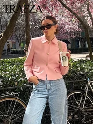TRAFZA 2024 Spring Coats Woman Trendy Pink Turn-Down Collar Long Sleeves Pockets Single Breasted Female Fashion Casual Blazers
