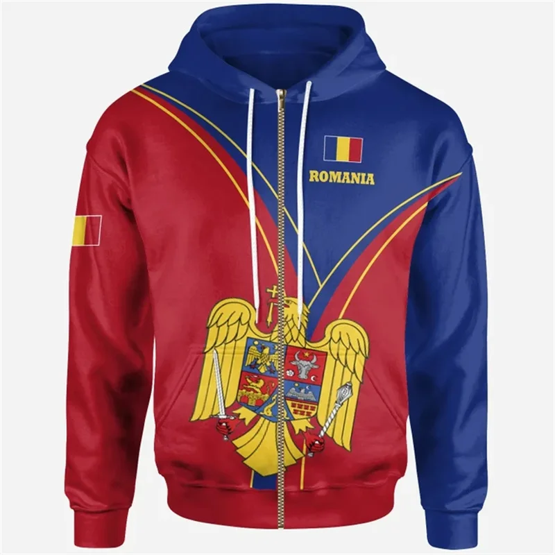 thumbnail image 1 of Sudadera con cremallera y estampado 3D de la bandera de Rumania para hombre, sudaderas con capucha y emblema rumano, sudaderas holgadas de manga larga a la moda para la calle, 1 of 5