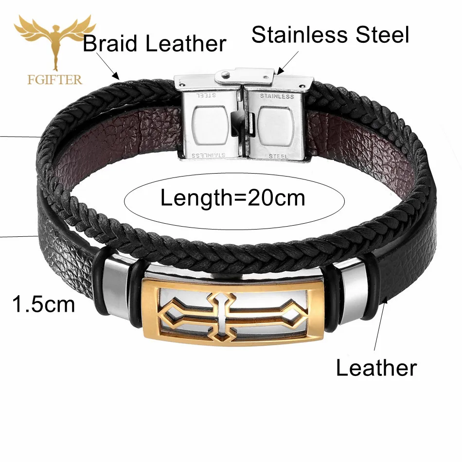 Leather Bracelet Stainless Steel Bracelet Metal Bracelet Christian Cross Bracelets Men Women Hand Jewelry Handmade 2 Lays Leather Cuff Bangle Stainless Steel Accessory 17-23cm Wristlet