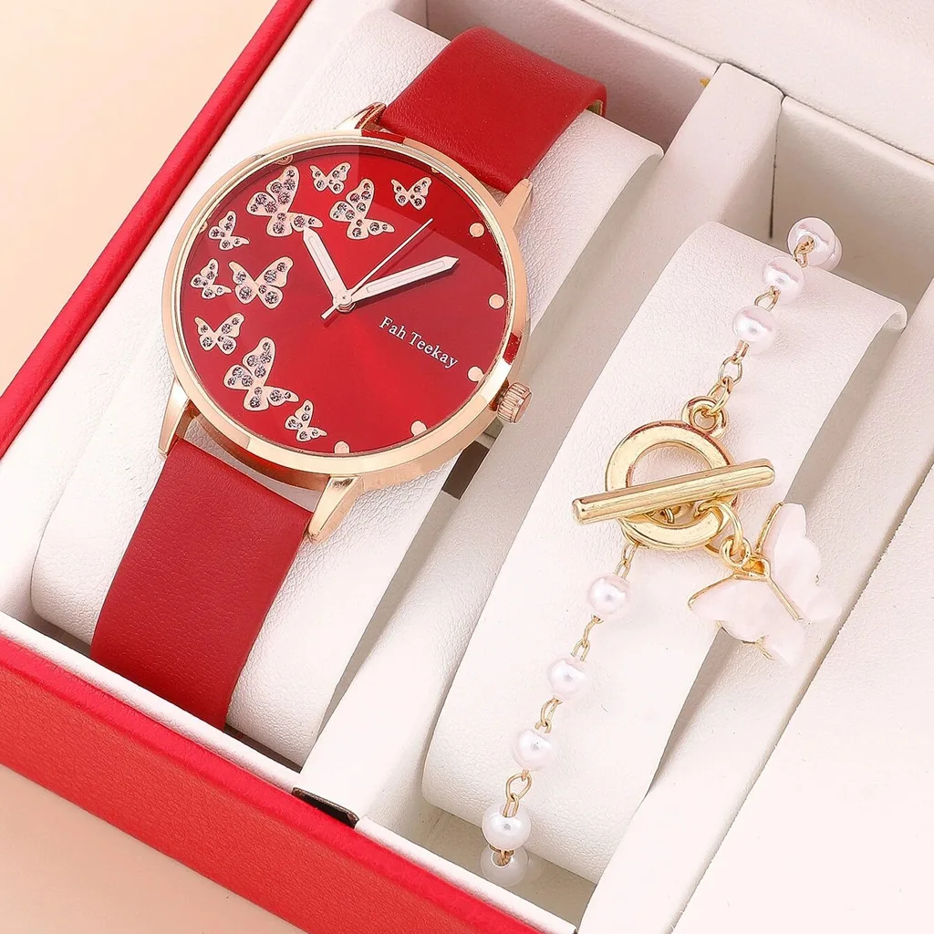 2pcs/set fashion Butterfly pattern rhinestone pu leather women wrist watch 5