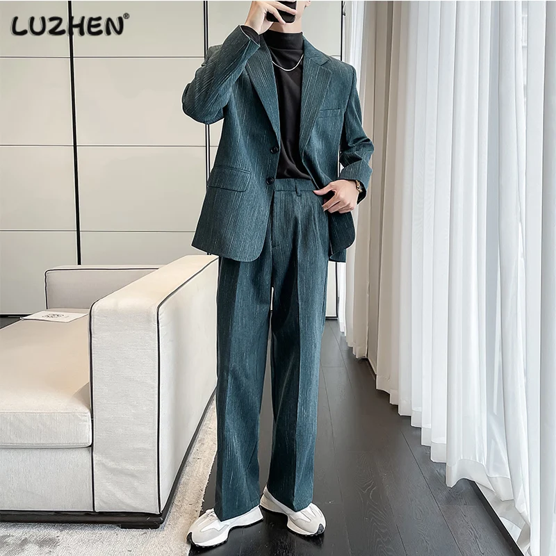 

LUZHEN 2023 Fashion Elegant Original Stripe Loose Casual Blazer Coat Men's Suit Pants Two-piece Sets High Quality Clothes 26a734