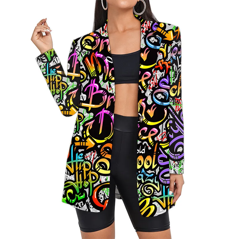 Custom Hip Hop Long Woman Suits Jacket Wholesale Oversized Streetwear Graffiti Blazers Women's Suit Office Clothing Lady Clothes 2