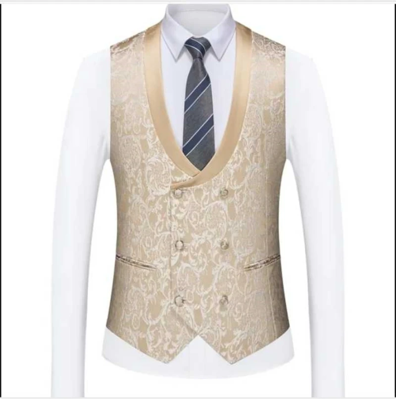 New Champagne Jacquard Men's 3 Pieces Suit Formal Shawl Lapel Slim Fit Groom Tuxedos Best Man Blazer Set For Wedding Party Prom