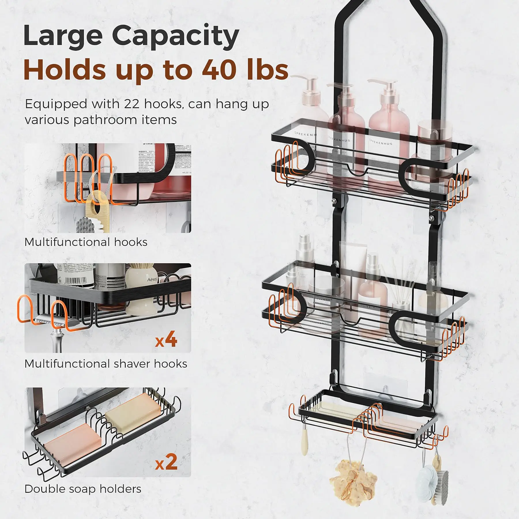 Bathroom Hanging Shower Caddy Over Shower Head,Shower Organizer Hanging with Soap Holder,Shower Storage Rack Basket with Hooks 3
