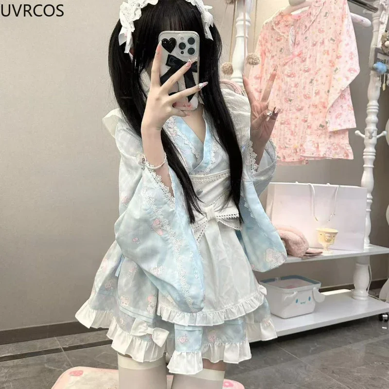 Japan Kawaii Lolita Style Dress Sweet Cute Cartoon Print Gothic Y2k Party Dresses with Bow Apron Cosplay Costume Maid Dress Sets