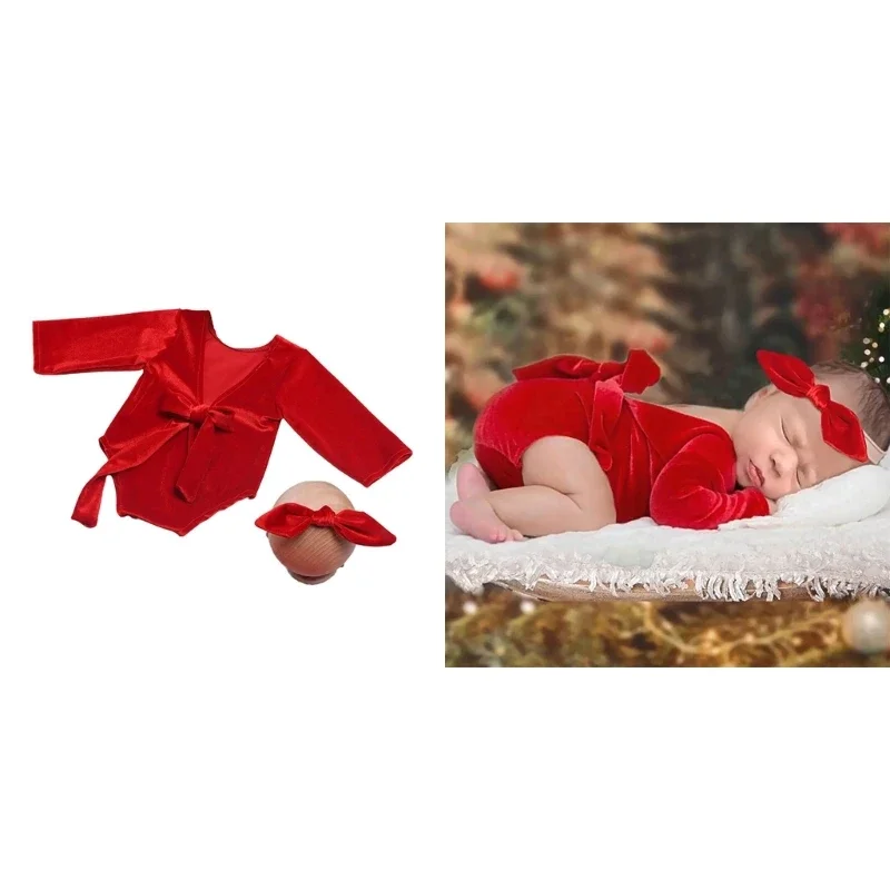 

Newborn Photo Props Bowknot Headband Backless Red Jumpsuit Posing Clothes Baby Photography Suit Infant Christmas Costume