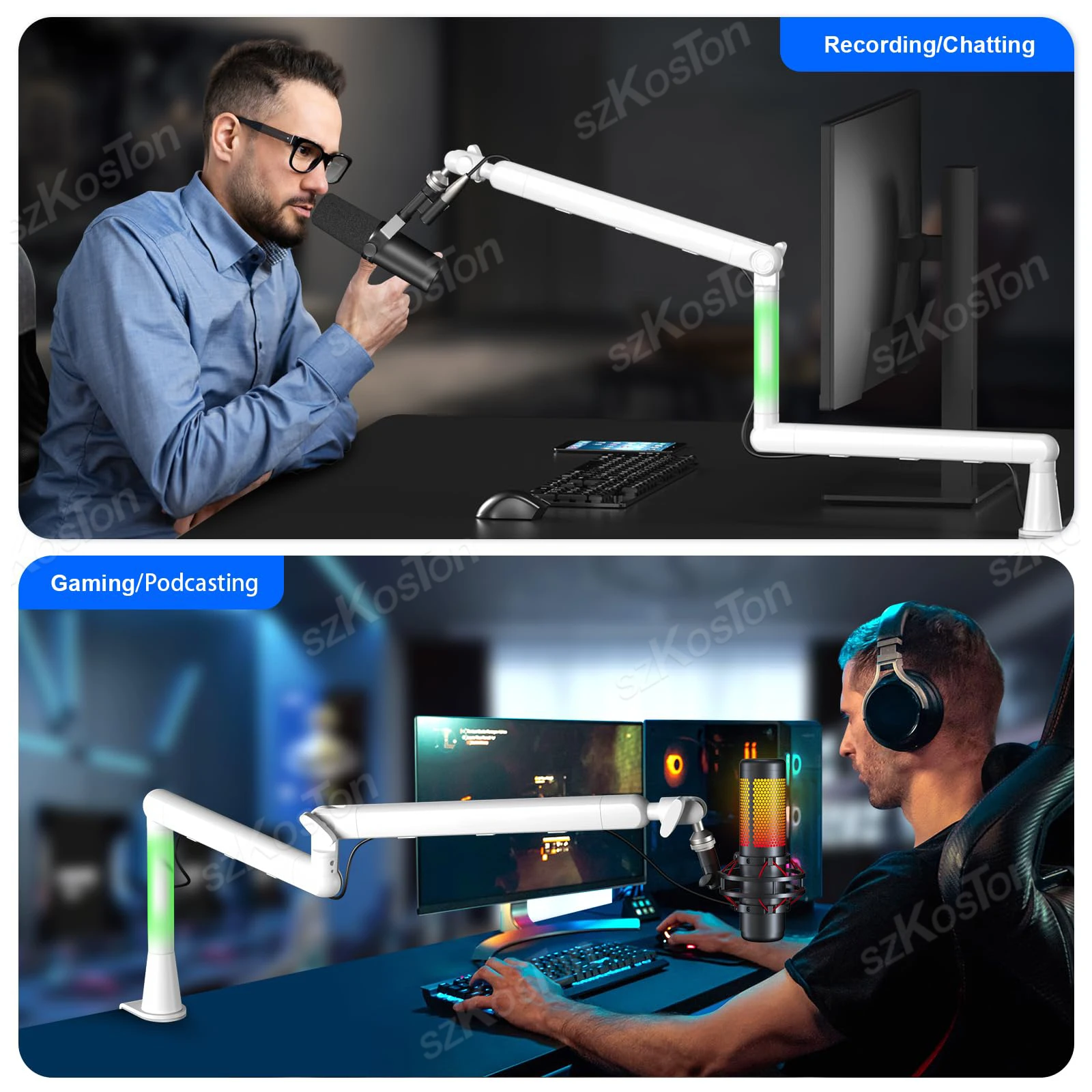 Microphone Boom Arm White Adjustable Low Profile Mic Stand with Extended Riser & Cable Management for SM7B MV7 AM8 K688 HyperX