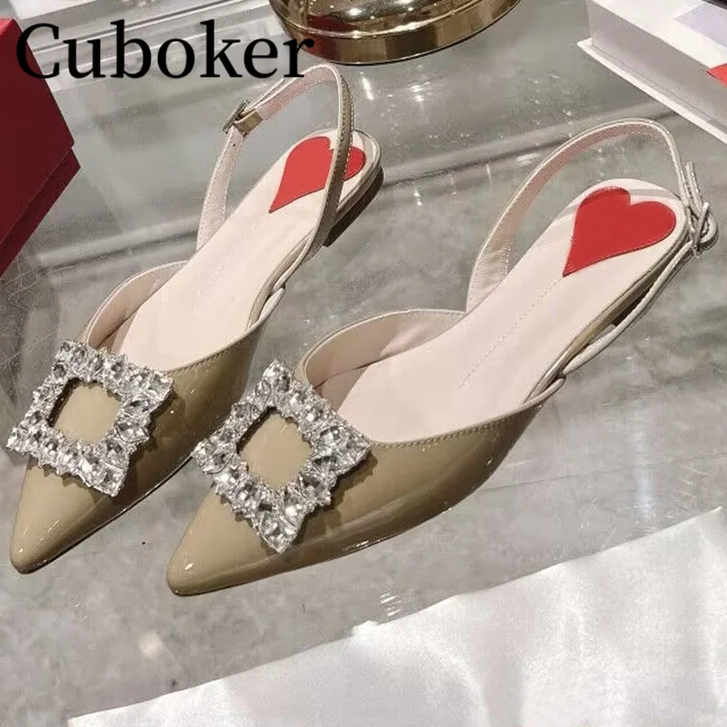 

Luxury Pointy Wrap toe Square Crystal Flat Heel Sandals Women Summer Patent Leather Dress Shoes Sexy Satin Bride Banquet Shoes