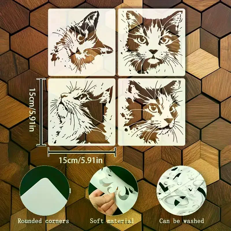 4개/세트 고양이 그림 스텐실, 귀여운 새끼 고양이 패턴이 있는 재사용 가능한 속이 빈 DIY 몰드, 나무 간판, 벽, 저널에 적합