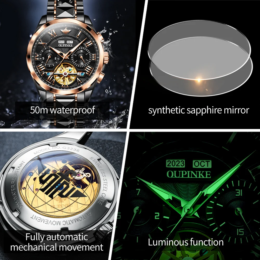 OUPINKE 3236 Men Watch Hollow Skeleton Date Luxury Mechanical Watch For Men Deep Waterproof Roman Scale Male Business Wristwatch