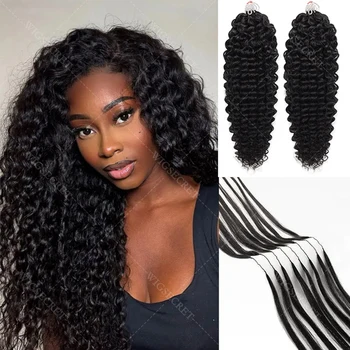 Deep Wave Crochet Human Hair Bundles Boho Braid Hair 100% Remy Pre-Separated Feather Invisible Crochet Hair Extensions For Women 1